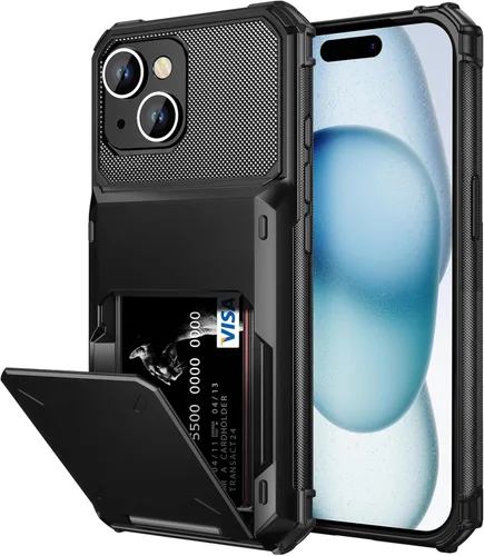 Vista 9 de Vofolen Funda compatible con iPhone 15 con soporte para tarjetas, funda de doble capa de 4 tarjetas, resistente a prueba de golpes, ranura