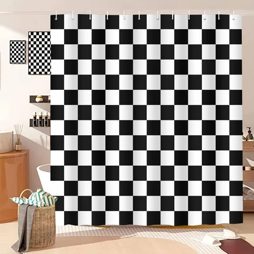 Vista 3 de Cortina de ducha a cuadros en blanco y negro, bonita cortina de ducha retro de tablero de ajedrez para decoración de baño, 72 x 72 pulgadas, cortina