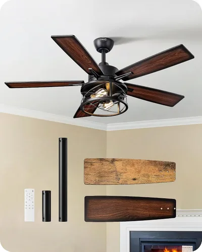 Vista 11 de EDISHINE - Ventilador de techo de granja negro de 42 pulgadas con luces, control remoto, regulable, 6 velocidades, 5 aspas de madera, motor