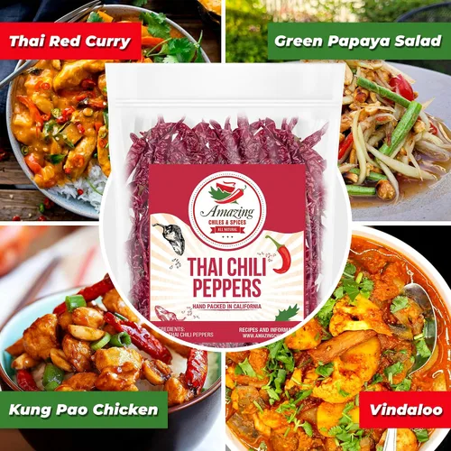 Vista 2 de Auténticos chiles rojos tailandeses, bolsa de 1 libra, chiles enteros rojos picantes, secos frescos para cocinar alimentos tradicionales asiáticos