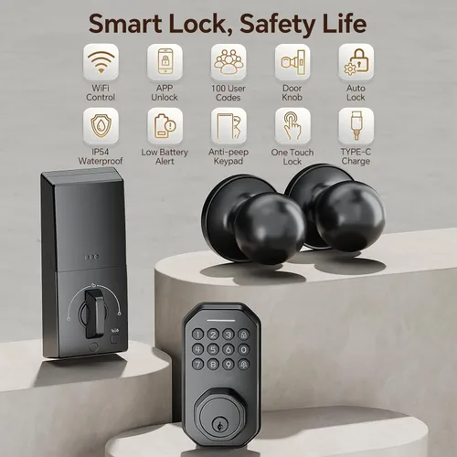 Vista 2 de Ulecoce SL02W - Cerradura de puerta de entrada sin llave WiFi con juego de Negro
