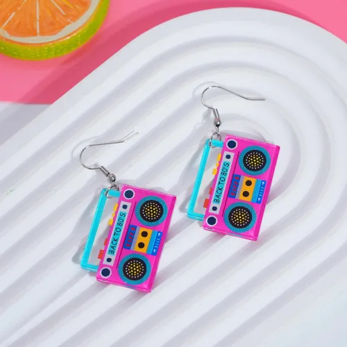 Vista 6 de Aretes de los años 70, 80 y 90 para mujer, aretes retro de cinta de cassette acrílica, aretes colgantes para Halloween, cosplay, fiesta brillante