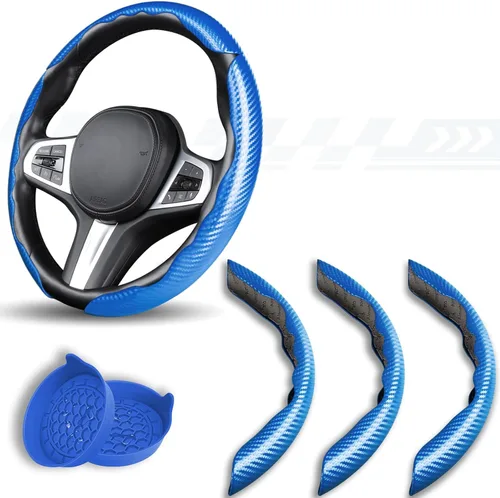 Vista 10 de Funda de volante de fibra de carbono de 3 piezas, protector para volante de automóvil con forro antideslizante, microfibra transpirable universal