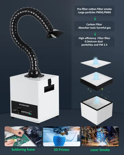 Vista 4 de FAHKNS Extractor de humos de soldadura láser de 100 W, fuerte succión, con filtro de 3 etapas, removedor de humo de soldadura, con 12 filtros