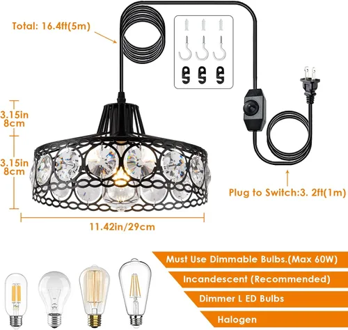 Vista 9 de Lámpara Colgante de Cristal Enchufable Negra Candelabro de Metal Industrial Luz Swag con Cable de 15 Pies e Interruptor de Encendido/Apagado