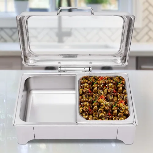 Vista 2 de Plato eléctrico de chef con tapa enrollable, calentadores de bufé de acero inoxidable con temperatura ajustable, calentador de alimentos comercial