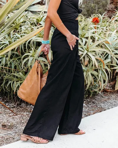 Vista 4 de Pantalones de lino de primavera para mujer, pantalones casuales palazzo, cintura alta, bohemios, piernas anchas, holgados, con bolsillo