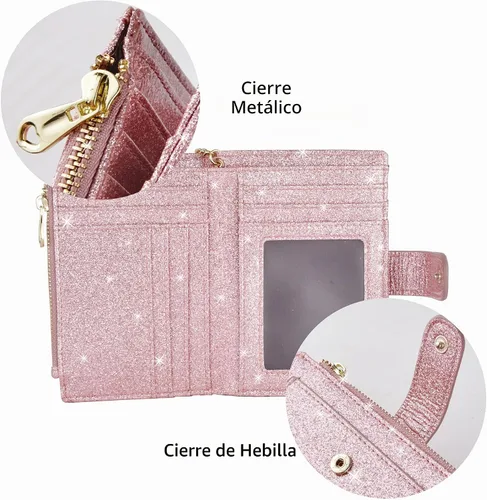 Vista 6 de Carteras para mujer RFID pequeñas y compactas de cuero con doble pliegue, con bolsillo con cremallera, medio, Compacto Purpurina púrpura claro