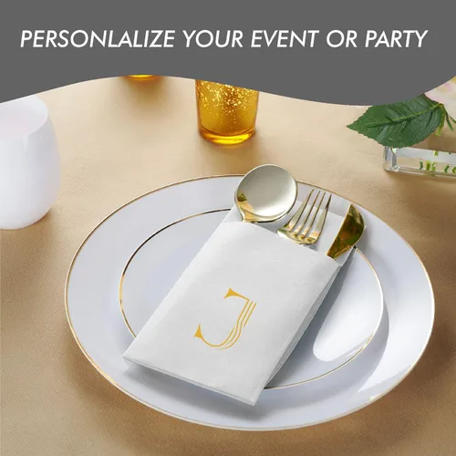 Vista 2 de Paquete de 50 servilletas con monograma con bolsillo para cubiertos, servilletas desechables de 16 x 16 pulgadas con letra M de papel de aluminio