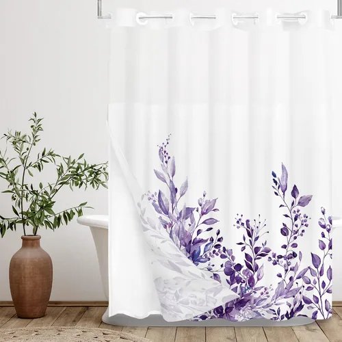 Vista 116 de Tititex - Juego de cortinas de ducha de eucalipto negro, hojas de acuarela gris en la parte superior, con decoración floral de baño, 60 x 72