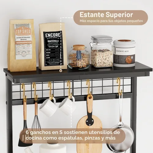 Vista 6 de Furologee Estante para hornear de cocina con toma de corriente, soporte para horno de microondas con almacenamiento de 4 niveles, mesa de café con 6