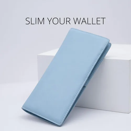 Vista 3 de Alldaily Billetera de cuero ultrafina para mujer, con bloqueo RFID, tarjetero de crédito, plegable, larga, Azul claro