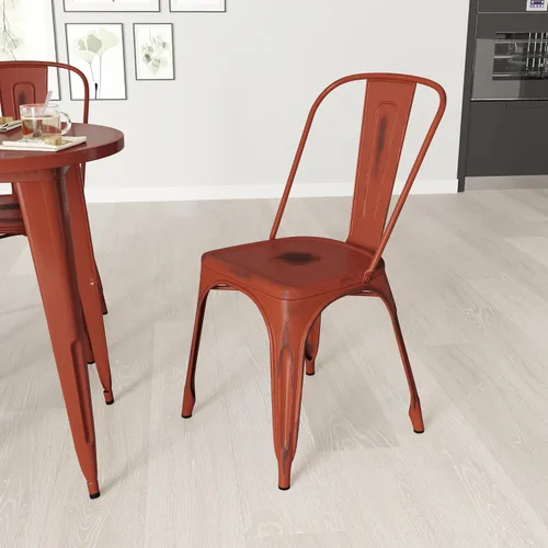 Vista 16 de Merrick Lane Banks - Silla apilable de comedor, marco de metal azul antiguo, acabado con recubrimiento en polvo envejecido, respaldo de listones