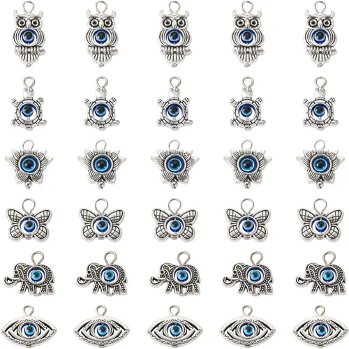 Vista 9 de Craftdady Dijes de aleación de mal de ojo de la suerte, colgantes de metal retro para hacer joyas