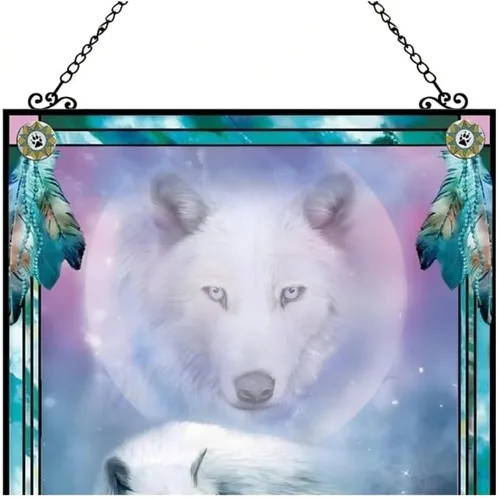 Vista 2 de The Bradford Exchange Gentle Spirits Mystic Harmony Exquisita obra de arte de vitral, atrapasoles de lobo por Carol Cavalaris 7.5 pulgadas