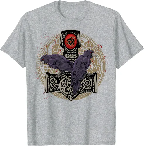 Vista 42 de Thors Hammer Mjolnir Huginn and Muninn Odin Raven - Camiseta, Negro, S
