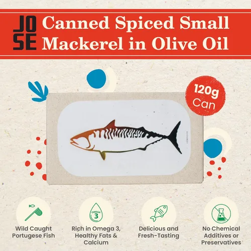 Vista 3 de Caballa pequeña enlatada especiada en aceite de oliva por Jose Gourmet, Caballa portuguesa capturada en la naturaleza, pescado enlatado en aceite