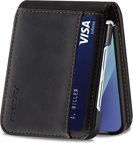 Vista 45 de Funda de piel con tapa para Samsung Galaxy Z Flip 3, con protección de bisagra, delgada y magnética tipo cartera [1 tarjetero], funda protectora a