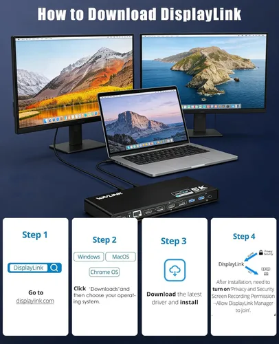 Vista 8 de Estación de acoplamiento WAVLINK Displaylink Dual 4K @60Hz Monitor para Mac, Windows Universal For USB 3.0/USB-C Laptop, 2 HDMI/DP, Gigabit