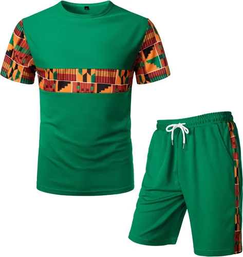 Vista 12 de LucMatton Conjunto de camiseta y pantalones cortos con estampado africano de verano para hombre, 2 piezas, conjunto deportivo de malla, trajes