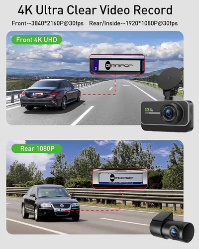 Vista 2 de Cámara de salpicadero delantera y trasera, cámara doble WiFi 4K+1080P para automóviles con aplicación, grabadora de salpicadero de 3" IPS, visión