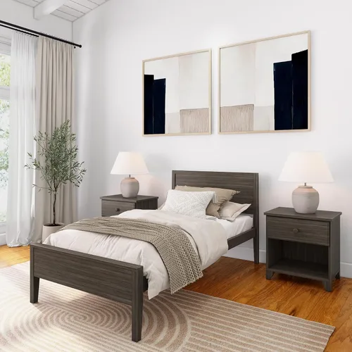 Vista 10 de Plank+Beam - Estructura de cama individual de madera maciza, cama de plataforma con cabecero, arcilla