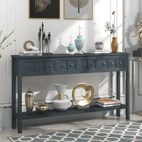 Vista 10 de JIVOIT Mesa consola rústica y elegante, mesa de consola rectangular de madera con cajones de almacenamiento y estante inferior para entrada Blanco