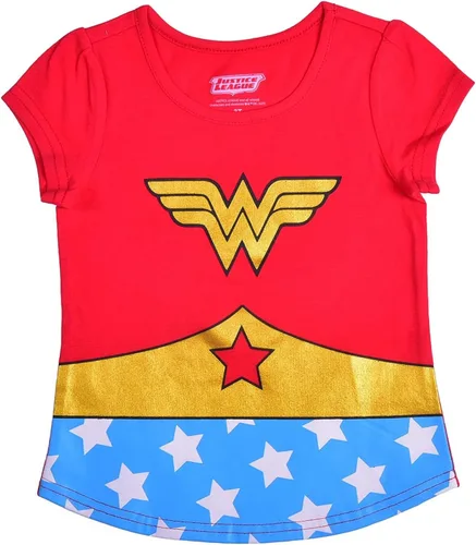Vista 5 de DC Comics - Camiseta de manga corta para niñas de la Liga de la Justicia, paquete de 4 unidades para niños pequeños y grandes, grismorado, rojoazul