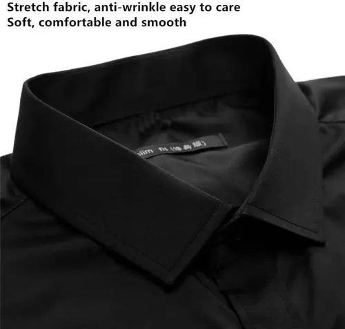 Vista 4 de HUUTOE Camisas de vestir para hombre, manga larga, ajuste regular, color sólido, elástico, para negocios, boda, graduación, camisa grande y alta