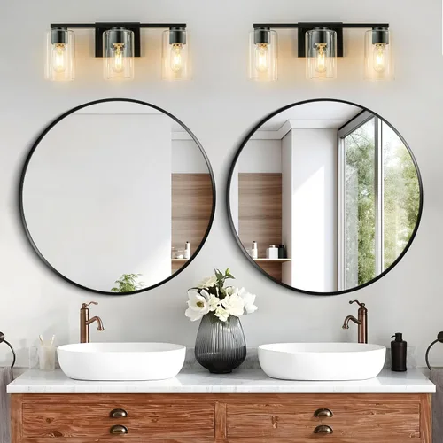 Vista 5 de WILON Lámpara de tocador de baño, 3 luces de tocador modernas de color negro claro con apliques de pared de vidrio transparente con vidrio