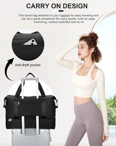 Vista 5 de Bolsa de viaje para mujer, bolsa deportiva para gimnasio, E-Negro