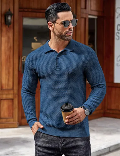Vista 4 de COOFANDY Polo de punto para hombre, de manga larga, ligero, a la moda, informal, con cuello