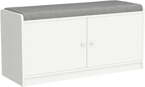 Vista 5 de ECACAD Banco de almacenamiento de zapatos de 2 niveles con asiento acolchado, 2 puertas y 4 compartimentos de almacenamiento, banco de madera