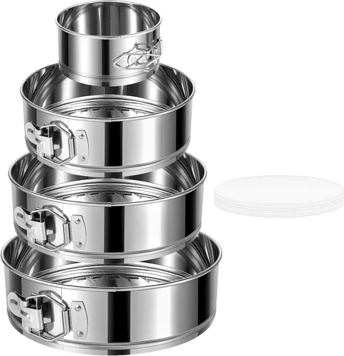 Vista 12 de Molde desmontable para tartas de 4 pulgadas, 4 piezas de moldes desmontables de acero inoxidable con 50 forros de papel, molde para cheesecake a