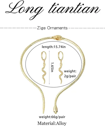Vista 7 de Long tiantian Juego de joyas de serpiente para mujer, aretes colgantes de serpiente, pulsera de serpiente brillante, ajustable, collar de serpiente