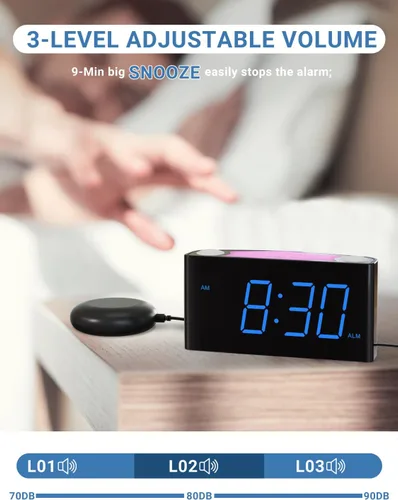 Vista 7 de PPLEE Reloj despertador súper fuerte para personas que duermen profundamente, con discapacidad auditiva o sordos, reloj despertador vibratorio
