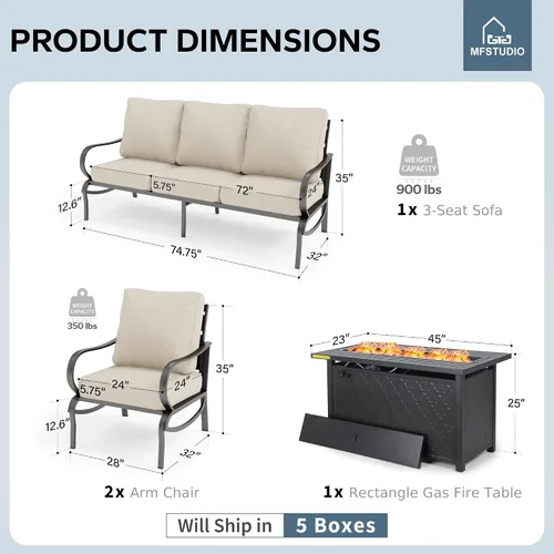Vista 2 de MFSTUDIO Juego de 4 piezas de conversación para patio, marco de metal para todo tipo de clima, muebles de exterior con 1 mesa rectangular de propano