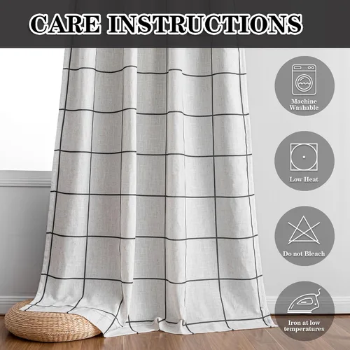 Vista 6 de MYSKY HOME Cortinas de Lino a Cuadros 100% Opacas de 45 Pulgadas de Largo de Doble Capa Estilo Granja con Aislamiento Térmico Estampado a Cuadros