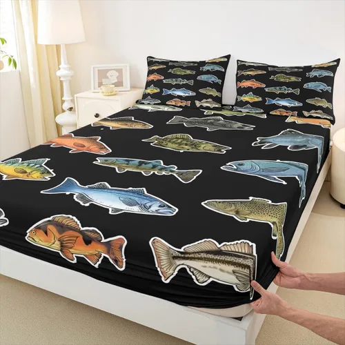 Vista 4 de Erosebridal Fishing Fitted Sheet Twin for Boys, Big Pike Fish Black Bed Sheets for Rustic Farmhouse Lake House Decor, Fishing Bedding Set Marine