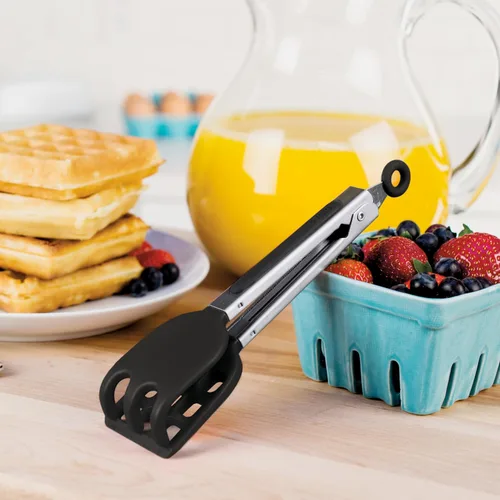 Vista 4 de Tovolo Pinzas de cocina de silicona para cocinar, pinzas pequeñas planas de acero inoxidable con puntas de silicona para ensaladas, gofres belgas