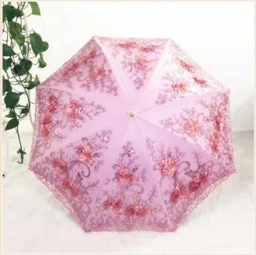 Vista 9 de Honeystore Sombrilla bordada con flor 3D plegable UV con encaje clásico