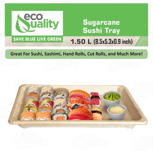 Vista 4 de Bandejas de sushi compostables XL - Contenedor de sushi para llevar bagazo de caña de azúcar natural - Biodegradable, plato de sushi desechable