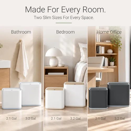 Vista 8 de Basurero pequeño para baño con tapa, 3.2 galones, color blanco Tapa de madera