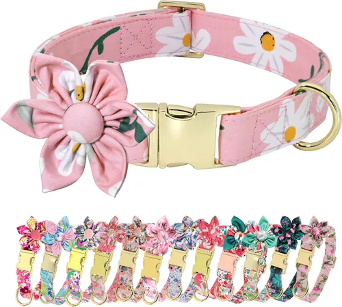 Vista 9 de Collares de perro femeninos Beirui con patrones florales vibrantes, collar de perro hembra con flores para caminar, collar ajustable duradero