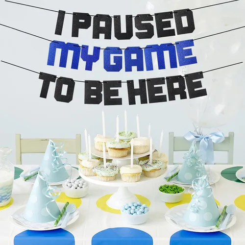 Vista 5 de Cartel con texto en inglés «I Paused My Game To Be Here» con texto en inglés «I Paused My Game To Be Here», decoración azul para fiestas
