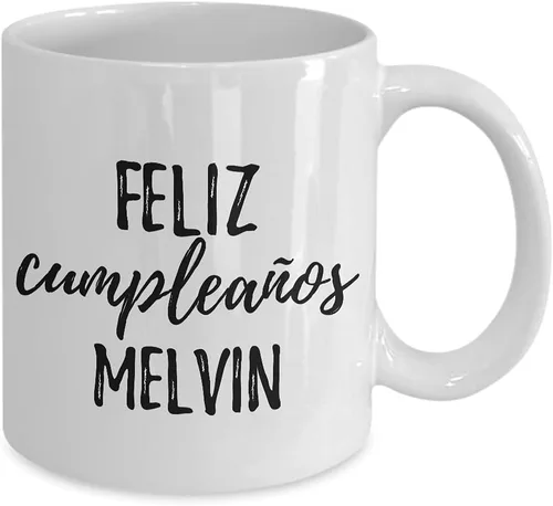 Vista 2 de Feliz Cumpleanos Melvin Mug Spanish Happy Birthday Personalized Name Gift Coffee Tea Cup 11 oz