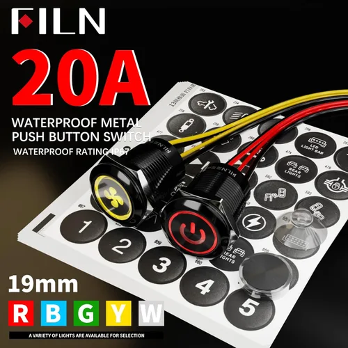 Vista 8 de 2-Pack 19mm Botón de presión de cierre LED azul, interruptor de botón marino a prueba de agua IP67 de 12V-24V y voltaje amplio de 20A con 180