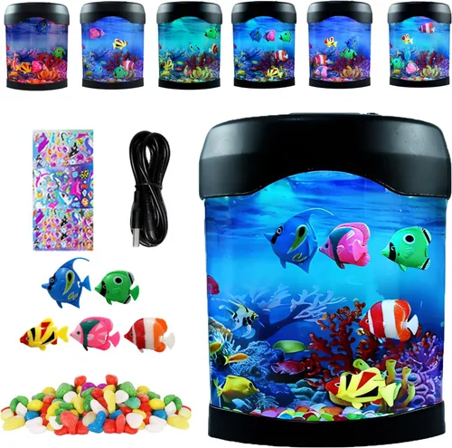 Vista 7 de Toycol Lámpara de pescado falso, escritorio realista nocturno, luz de estado de ánimo eléctrica, tanque de luz LED con 6 cambios de color y 5 peces