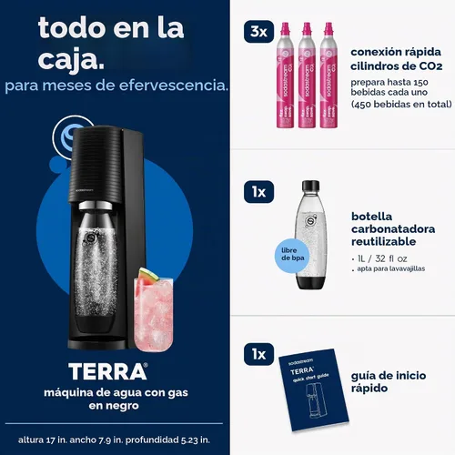 Vista 2 de SodaStream Terra - Paquete para hacer agua con gas en color negro, incluye 3 unidades de CO2 y botella de carbonatación