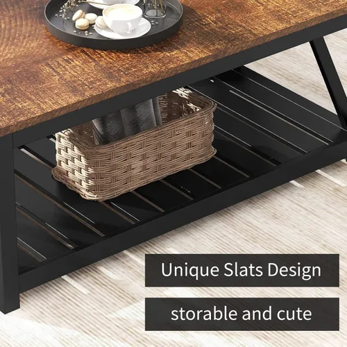 Vista 5 de Mesa de café ChooChoo negra, mesa rústica vintage con estante para sala de estar, 40 pulgadas